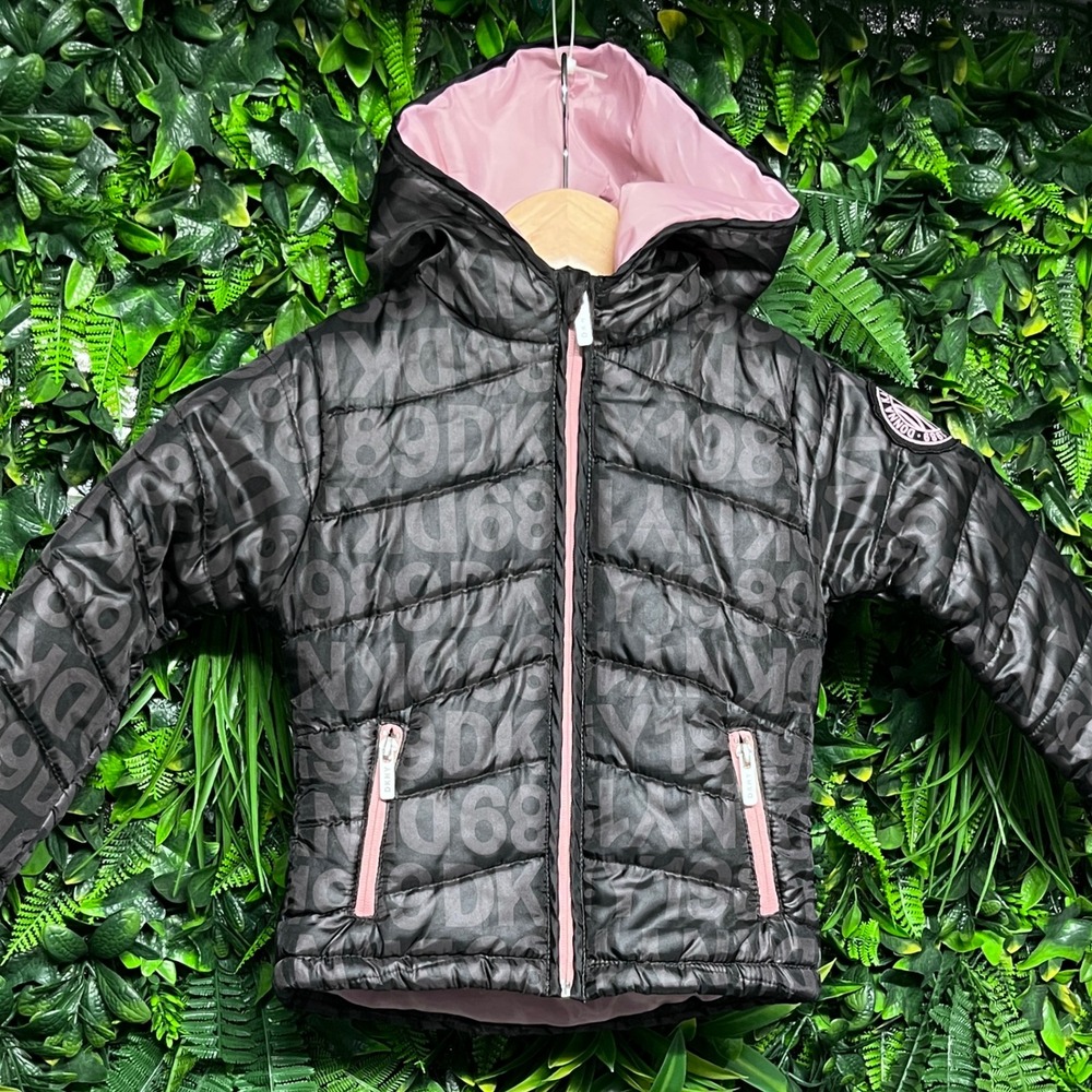 DKNY Kids Jacket Girls Size 3T Black Puffer Pink Accents Logo Print 3304 - Picture 3 of 9